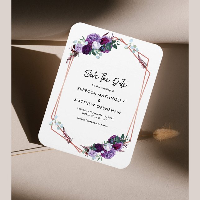 Lila botanische Hochzeit speichern Sie das Datum Magnet (Purple Floral Geometric Wedding Save the Date Magnet)