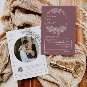 Lila botanische Linie Art Boho QR Code Foto Einladung