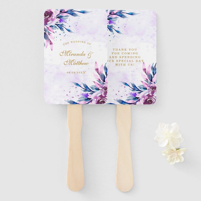 Lila Botanische Peony Gold Hochzeit Vielen Dank Fächer (Vorne und Hinten)