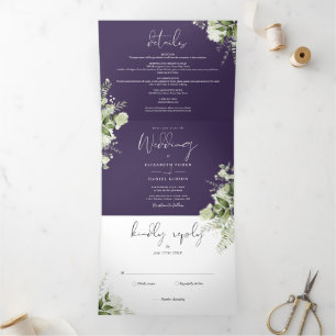 Lila Botanisches Grün Foto Hochzeit Dreifach Gefaltete Einladung