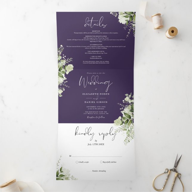 Lila Botanisches Grün Foto Hochzeit Dreifach Gefaltete Einladung (Innenseite)