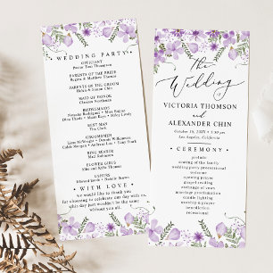 Lila Botanisches Hochzeitsprogramm Menükarte