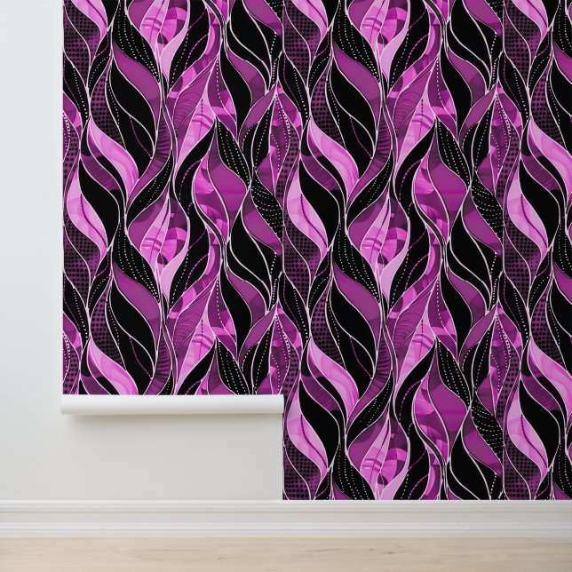 Lila botanisches Leaf-Muster in schwarz rosa Tapete (Anwendung)