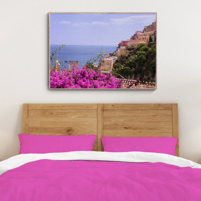 Lila Bougainvillea mit Blick auf Positano Poster (Von Creator hochgeladen)