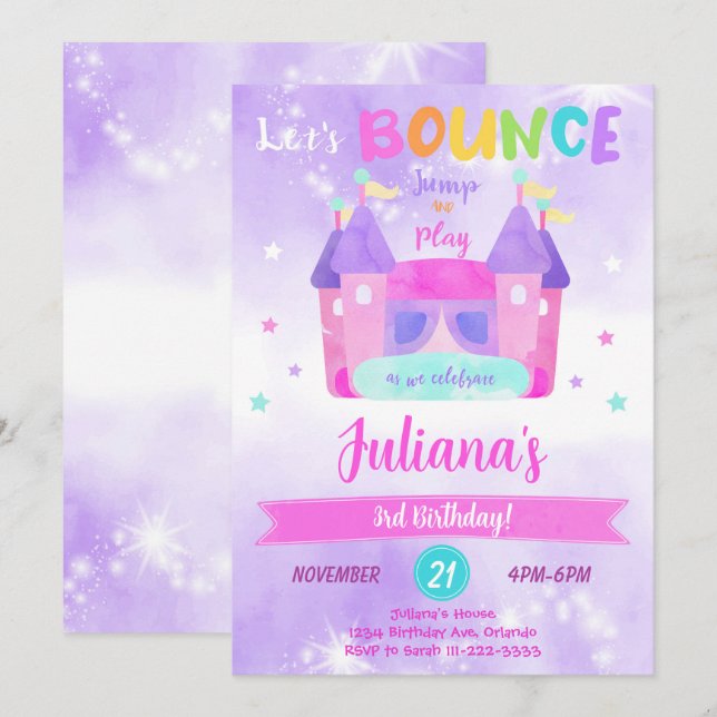 Lila Bounce House Einladung zum Geburtstag (Vorne/Hinten)