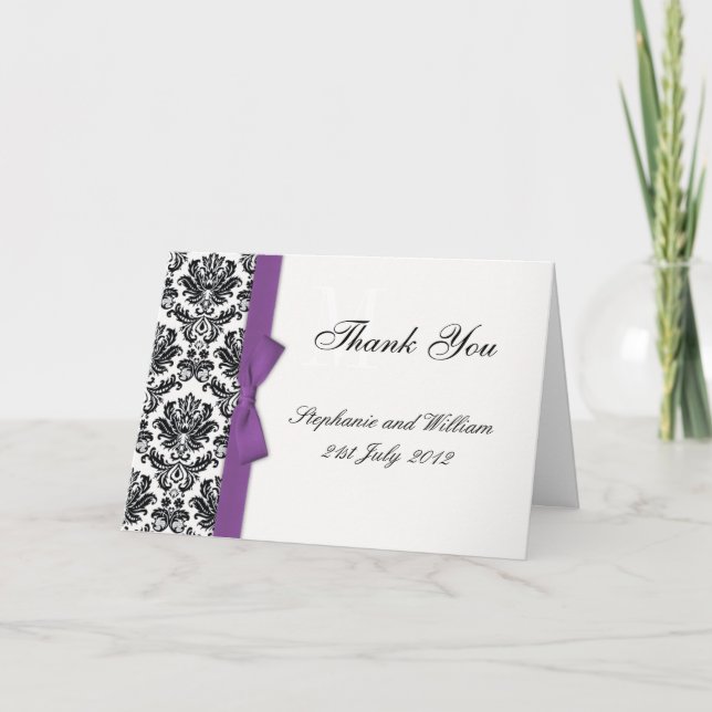 Lila Bow Damask Hochzeitskarte Dankeskarte (Vorderseite)