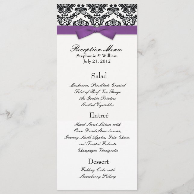 Lila Bow mit Damask Wedding Empfang Menu Menükarte (Vorderseite)
