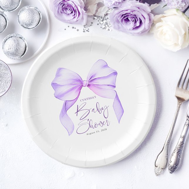 Lila Bow Niedlich Baby Dusche Pappteller (Purple Bow Paper Plates)