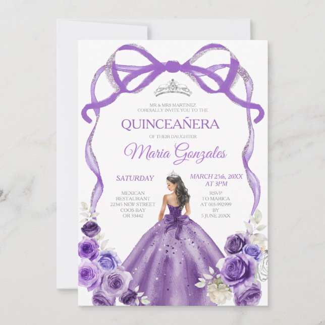 Lila Bow Princess Silver Crown Girl Quinceañera Einladung (Vorderseite)