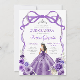Lila Bow Princess Silver Crown Girl Quinceañera Einladung