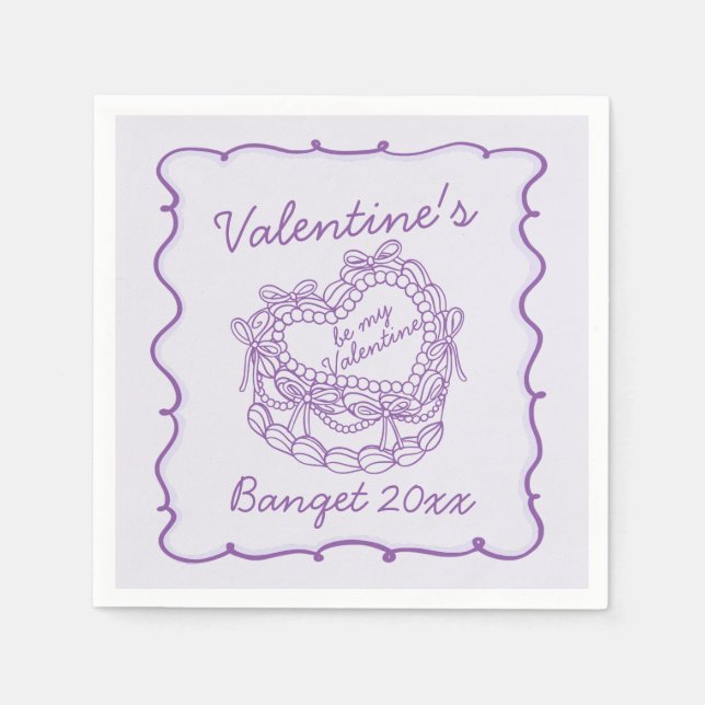 Lila Bow Retro Herz Coquette Cake Valentine Serviette (Vorderseite)