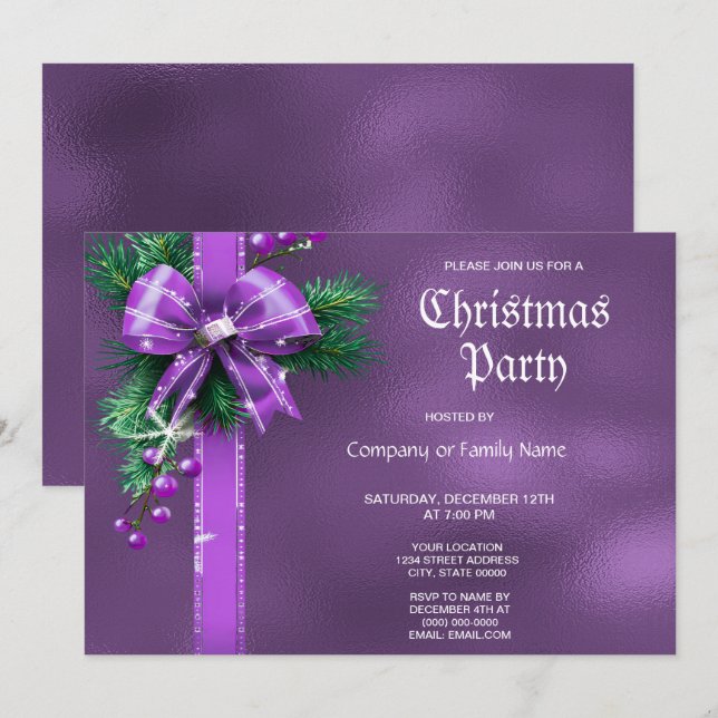 Lila Bow Weihnachts-Party Einladung (Vorne/Hinten)