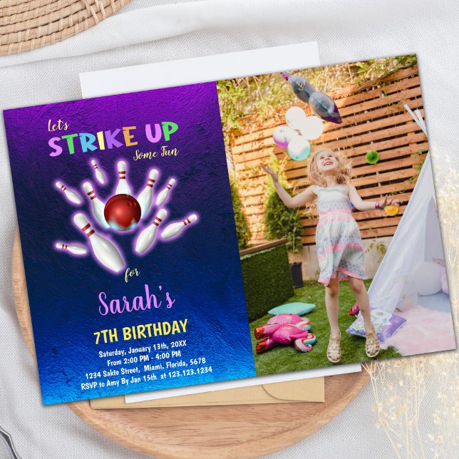 Lila Bowling Geburtstag Einladungen mit Foto (Purple Bowling Birthday Invitations with photo)