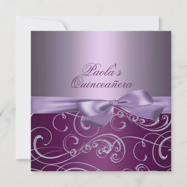 Lila Bows & Swirl Quinceñera Einladung (Vorderseite)