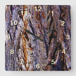 Lila Braune Holz Baumrinde Quadratische Wanduhr