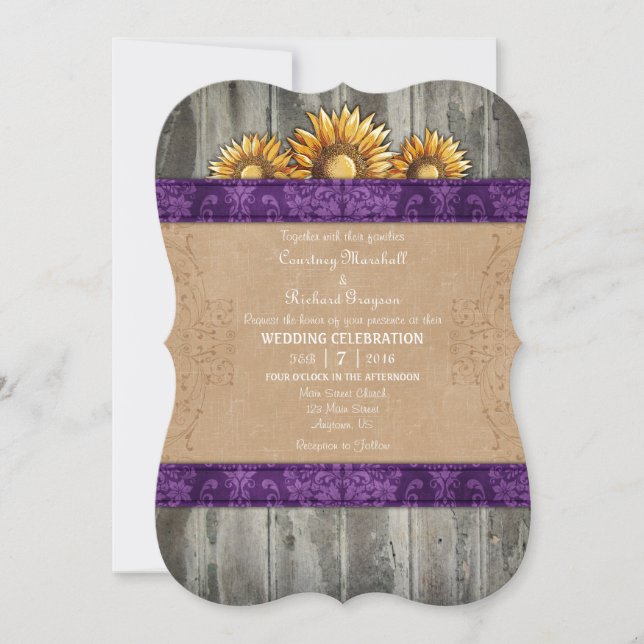 Lila braune Sonnenblumenhochzeit Einladung (Vorderseite)