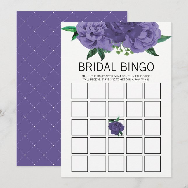 Lila Brautparty-Bingo-Game-Karte mit Blumenläden Einladung (Vorne/Hinten)