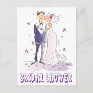 Lila Brautparty Cartoon Braut & Groom Hochzeit Einladungspostkarte
