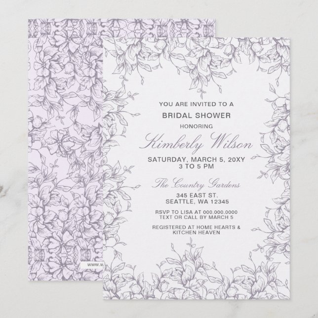 Lila Brautparty für Vintage Blumenfrühlings Einladung (Vorne/Hinten)