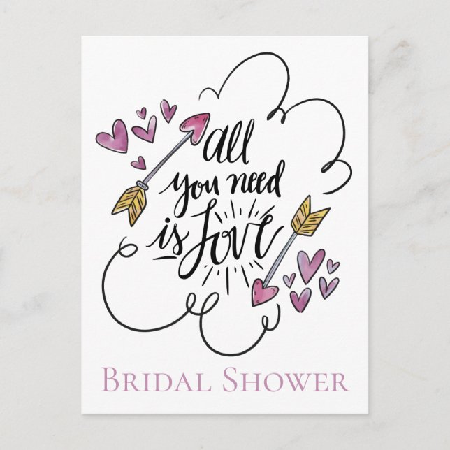 Lila Brautparty Liebe Hearts Arrow Hochzeit Einladungspostkarte (Vorderseite)