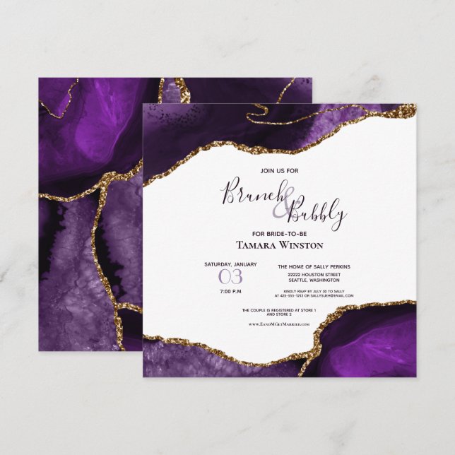 Lila Bridal Brunch & Bubbly Gold Glitzer Dusche Einladung (Vorne/Hinten)