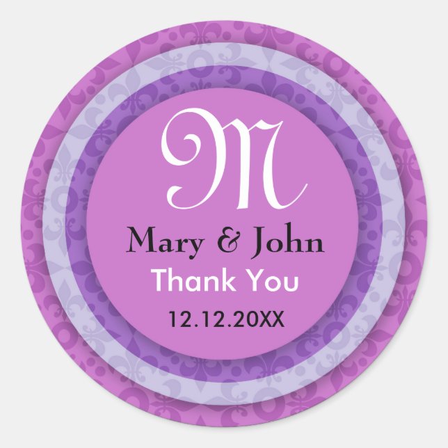 Lila Bride&Groom Vielen Dank Monogram Siegel Runder Aufkleber (Vorderseite)