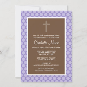 Lila Brown Polka Dot Cross Taufe Christening Einladung