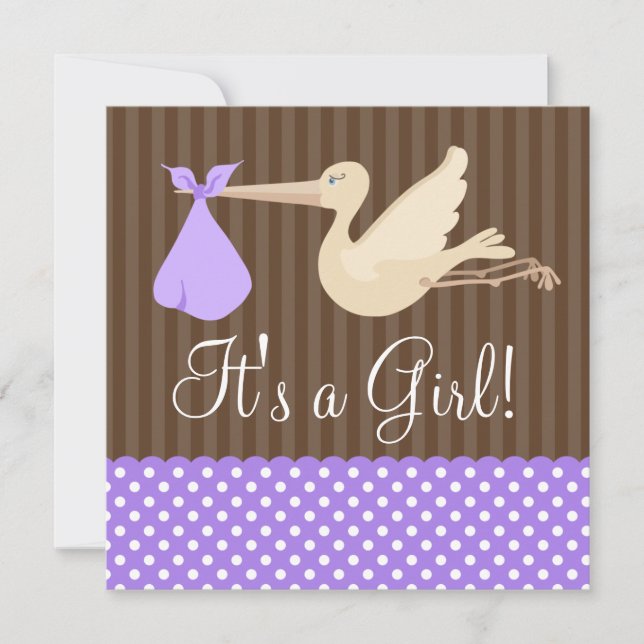 Lila Brown Stork Dots Girl Babydusche Einladung (Vorderseite)
