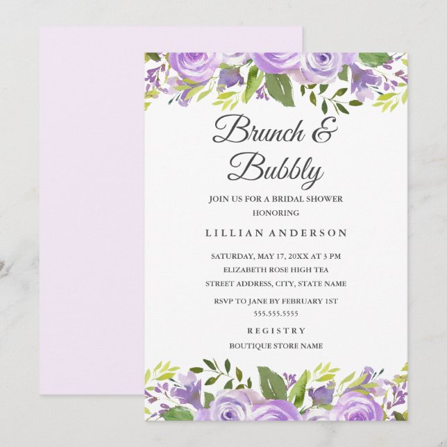 Lila Brunch mit Blumenmotiven und Bubbly Einladung (Vorne/Hinten)
