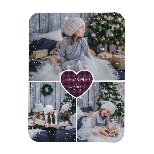 Lila Buffalo Kariertes Herz Foto Frohe Weihnachten Magnet (Vertikal)