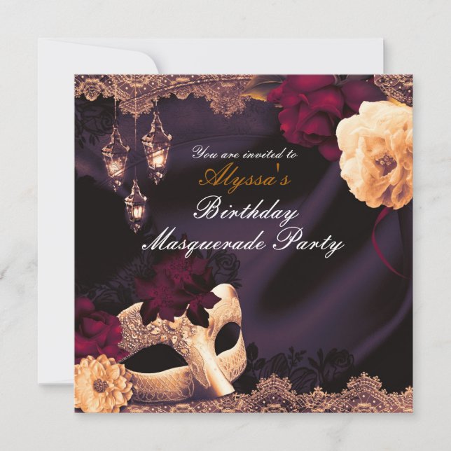 Lila & Burgund Floral & Lace Masquerade Party Einladung (Vorderseite)