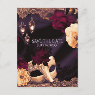 Lila & Burgunder Blumenmasquerade Save the Date Ankündigungspostkarte
