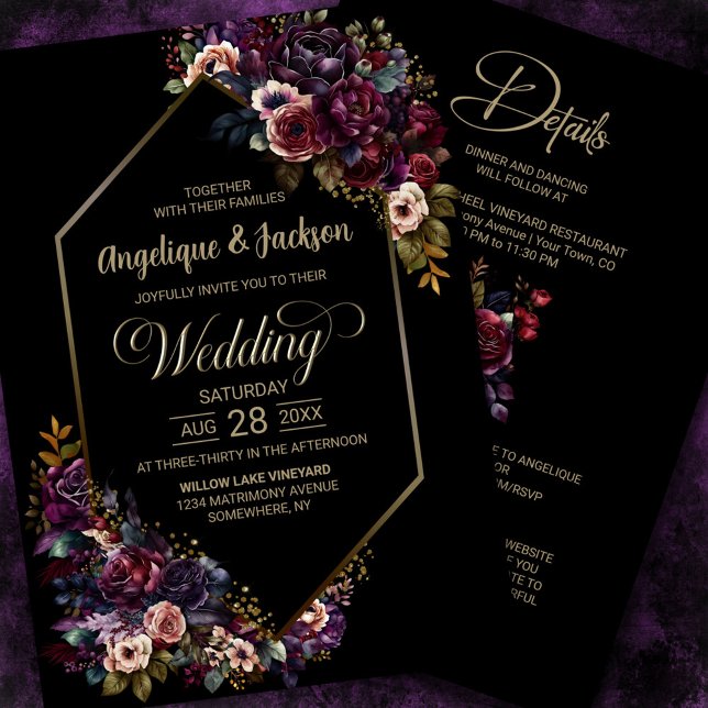 Lila Burgunder Schwarze Flora auf einer Hochzeit Einladung (Von Creator hochgeladen)