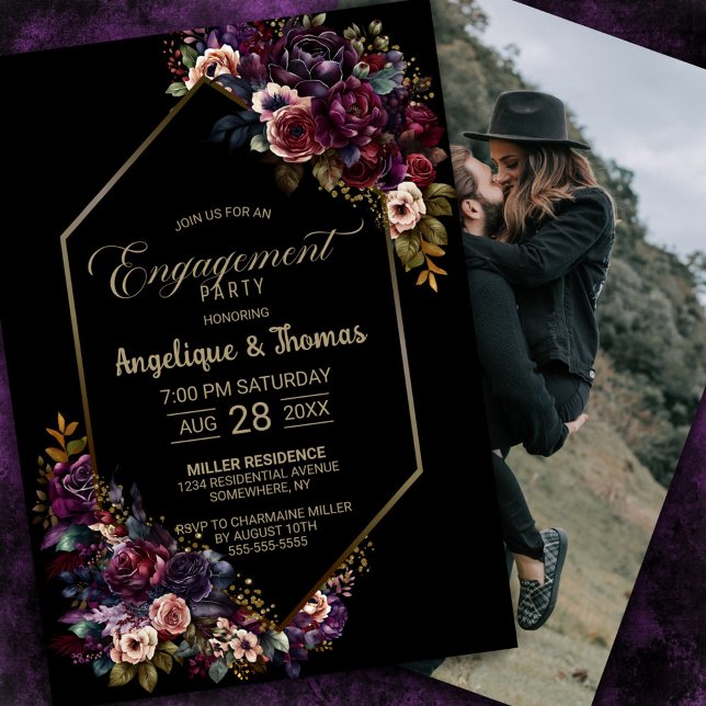 Lila burgundy-floral Black Engagement Party Einladung (Von Creator hochgeladen)