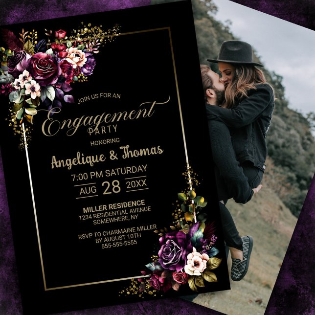 Lila burgundy-floral Black Engagement Party Einladung (Von Creator hochgeladen)