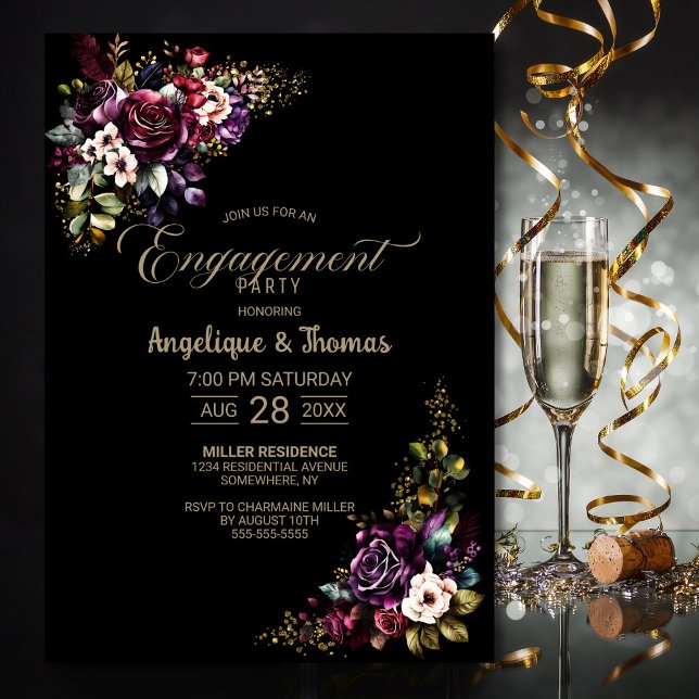 Lila burgundy-floral Black Engagement Party Einladung (Von Creator hochgeladen)