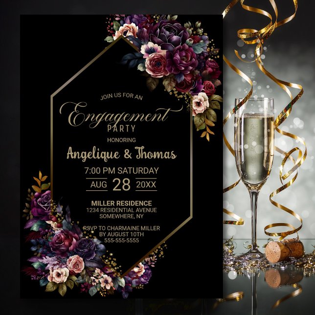 Lila burgundy-floral Black Engagement Party Einladung (Von Creator hochgeladen)