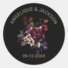 Lila Burgundy Floral Black Wedding Runder Aufkleber