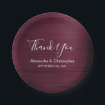 Lila Burgundy Wedding Vielen Dank Pappteller<br><div class="desc">Burgundy Lila Imitate Metallic Edelstahl Bürstenmetall Elegant und moderne Hochzeit Vielen Dank Teller. Diese Teller für Hochzeiten Marsala Cranberry Dank können auf Ihren Namen und Hochzeitsdatum angepasst werden. Bitte kontaktieren Sie den Designer,  wenn Sie angepasste,  passende Artikel wünschen.</div>