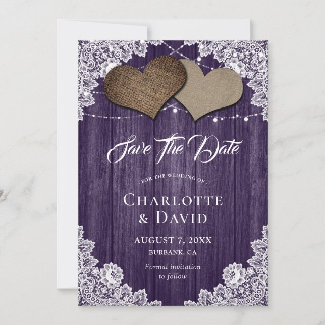 Lila Burlap Lace Wedding Save the Date Card (Vorderseite)