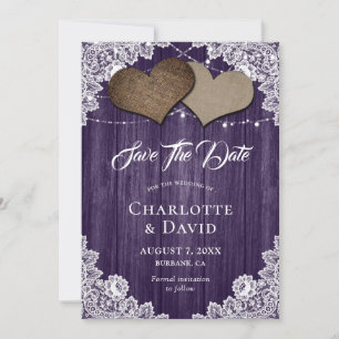 Lila Burlap Lace Wedding Save the Date Card