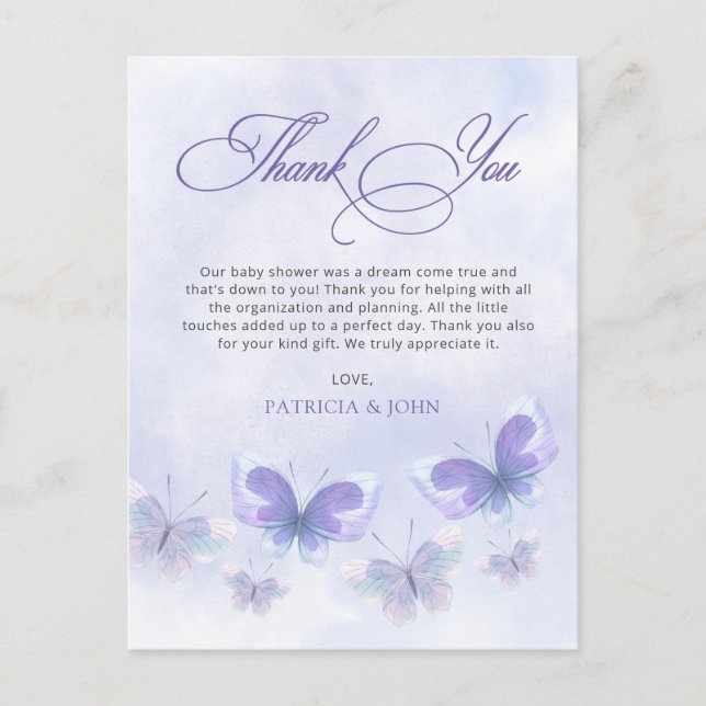 Lila Butterflies Babydusche Danke Postkarte (Vorderseite)