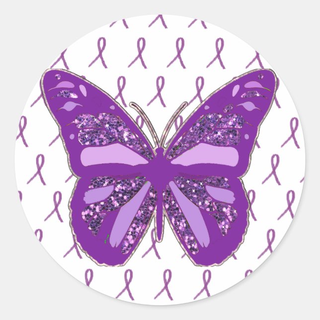 Lila Butterfly-Aufkleber mit Ribbons Runder Aufkleber (Vorderseite)