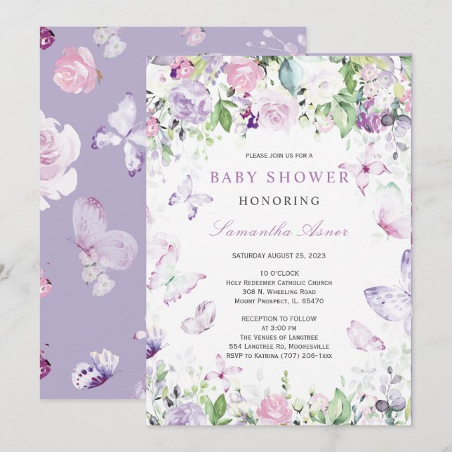 Lila Butterfly-Baby-Dusche Einladung (Vorne/Hinten)