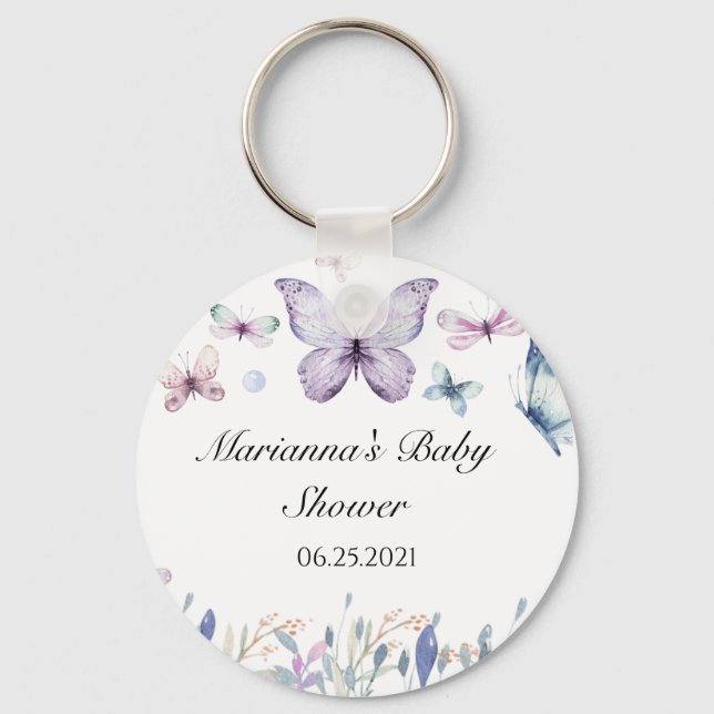 Lila Butterfly Baby Dusche Gefallen Button Schlüss Schlüsselanhänger (Vorderseite)
