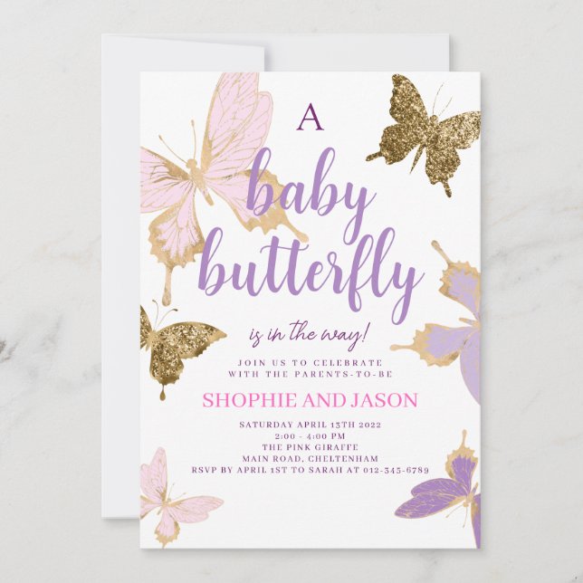 Lila Butterfly Baby Dusche Invite Girl Einladung (Vorderseite)
