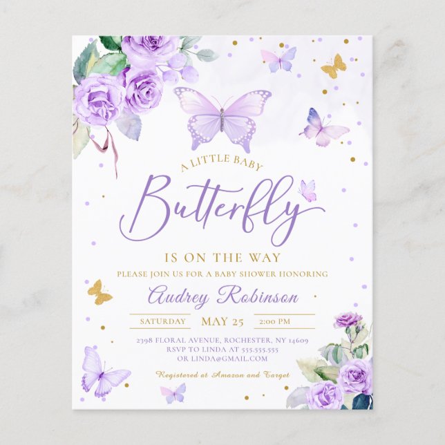 Lila Butterfly Baby Dusche laden ein (Vorderseite)