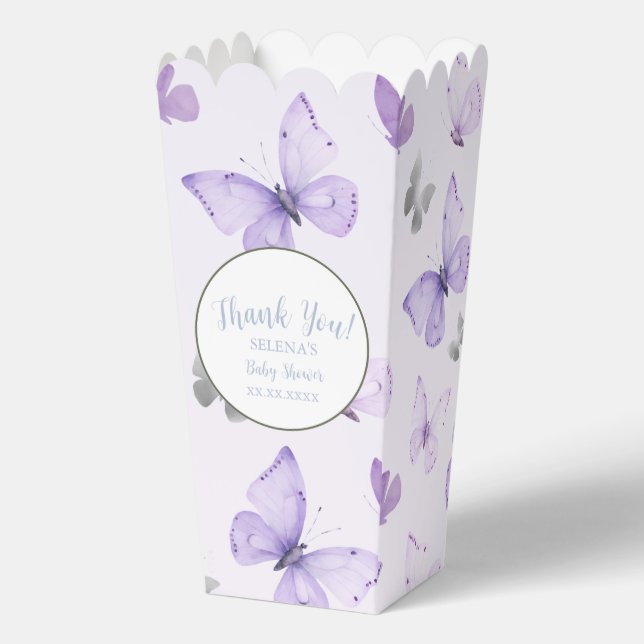 Lila Butterfly Baby Dusche Popcorn Geschenkschachtel (Vorderseite)