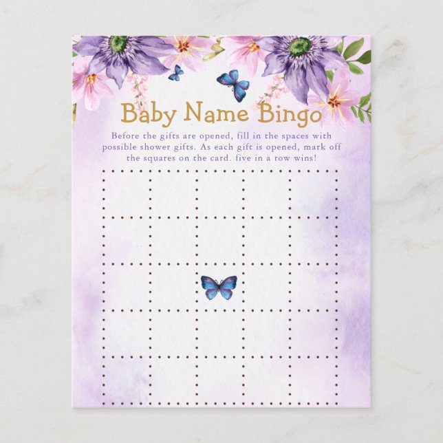 Lila Butterfly Baby Showspiel Bingo (Vorderseite)
