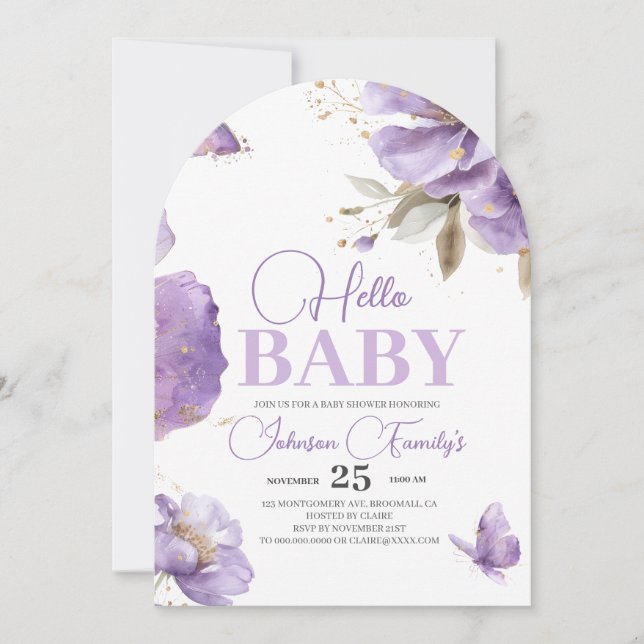 Lila Butterfly-Babydusche, Blume Einladung (Vorderseite)